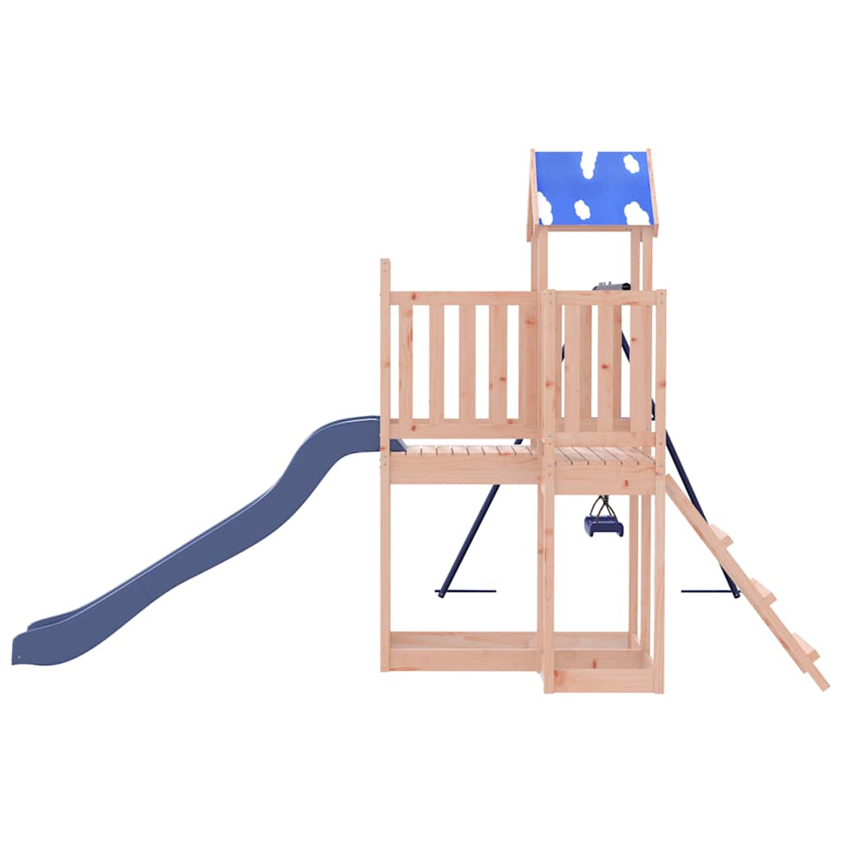 Holz-Spielturm mit Rutsche, Leiter, Schaukel und blau-weißer Dachbedeckung.