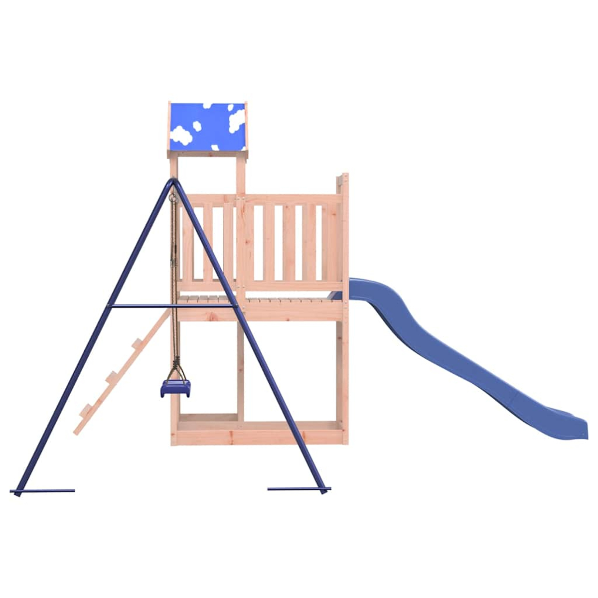 Holzspielturm mit blauer Rutsche, Schaukel und Leiter auf weißem Hintergrund.