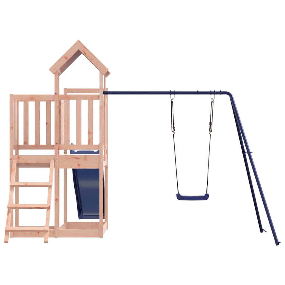 Holz-Spielturm mit Rutsche und Schaukel, blauer Sitz.