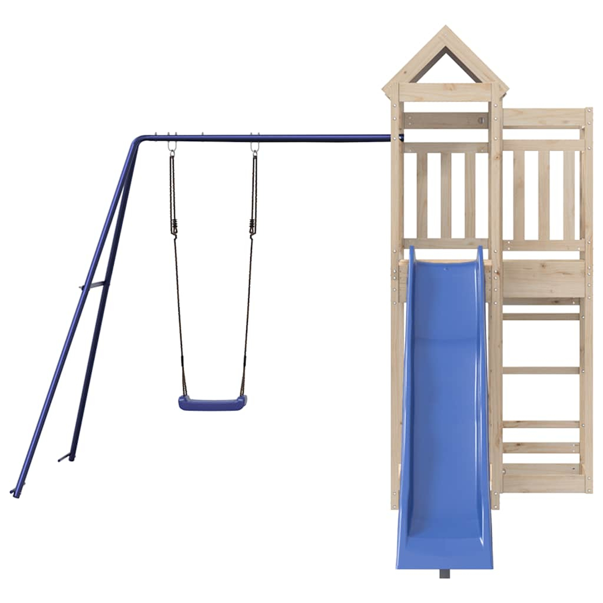 Ein Holzspielturm mit einer blauen Rutsche und einer Schaukel.