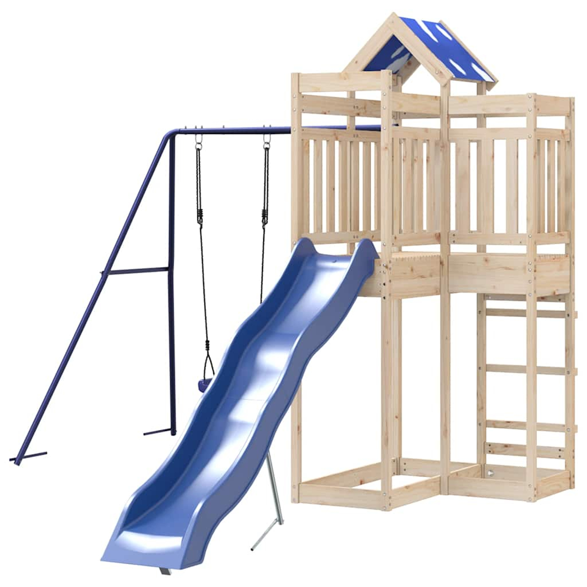 Ein Holzspielplatz mit blauer Rutsche, Schaukeln und Leiter.