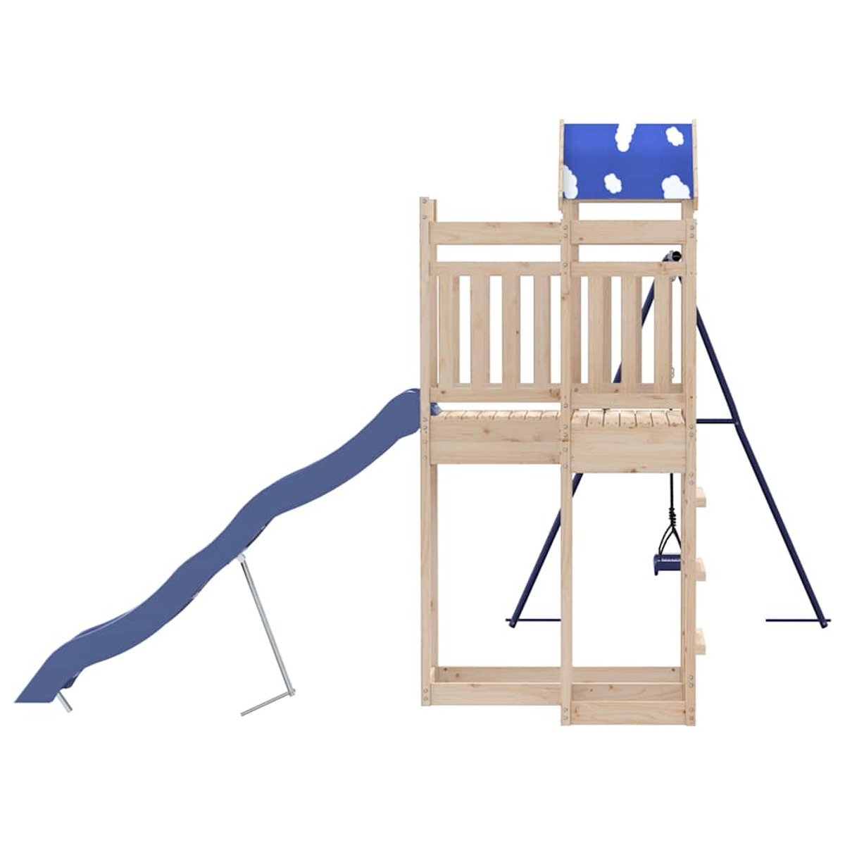 Holzspielplatz mit blauer Rutsche, Schaukel und wolkenmusterbedecktem Dach.