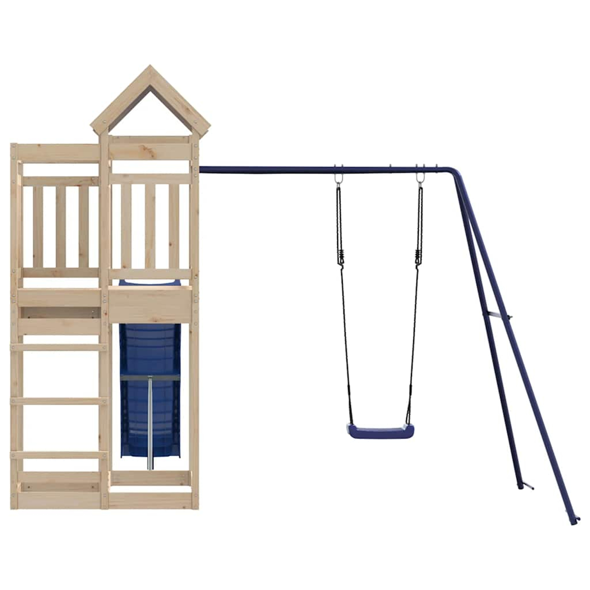Holzspielturm mit Leiter, blauem Netz und einer blauen Schaukel an einem blauen Metallgestell.
