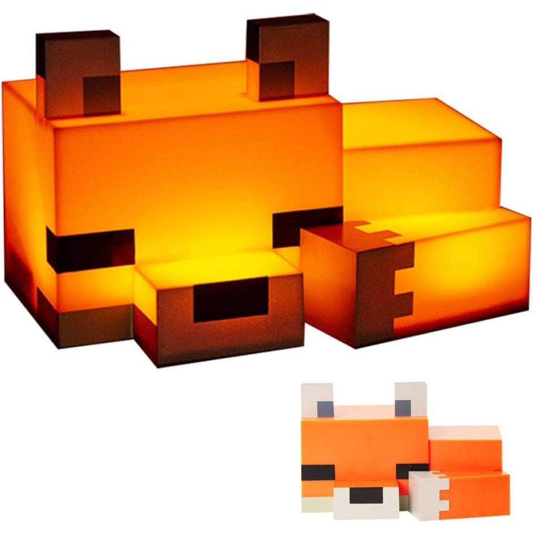 Eine leuchtende Minecraft-Fuchs-Lampe aus orangefarbenen Blöcken mit dunklen Akzenten.