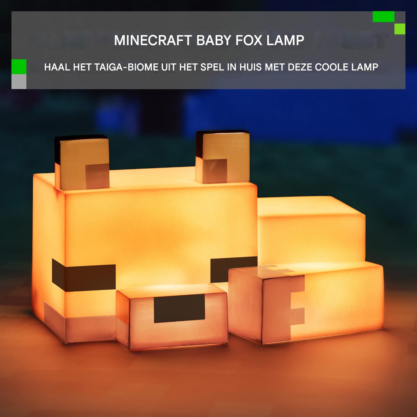Eine leuchtende Minecraft Baby Fox Lampe in Blockform, orange leuchtend.