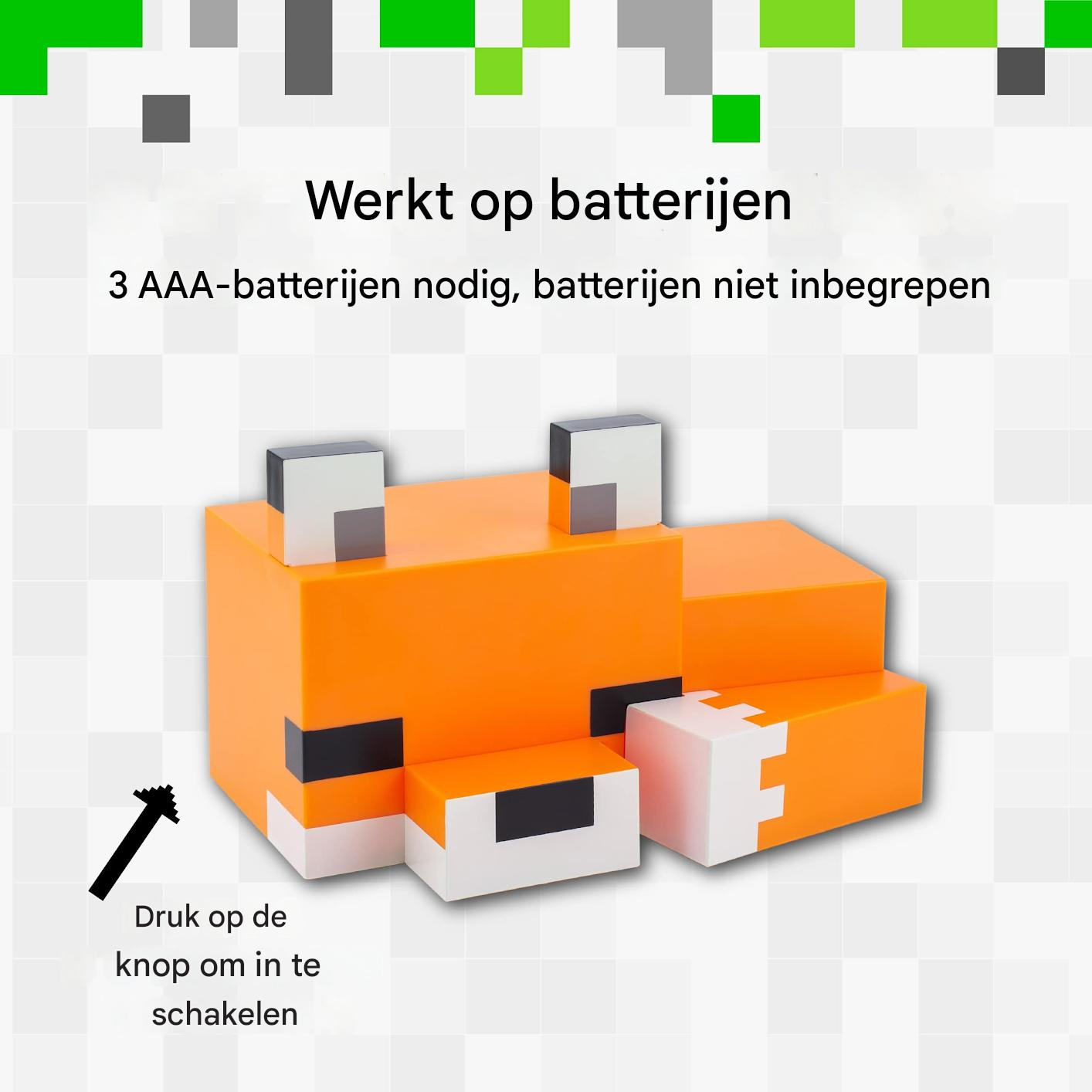 Ein orangefarbener Fuchs aus Blöcken mit einem schwarzen Pfeil und Text.