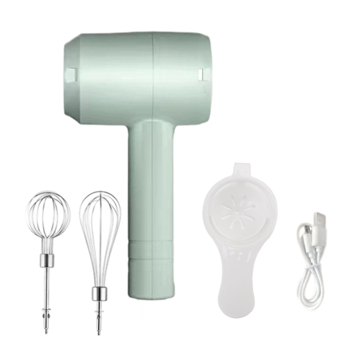 Ein hellgrüner Handmixer mit Schneebesen, Eiertrenner und USB-Kabel.