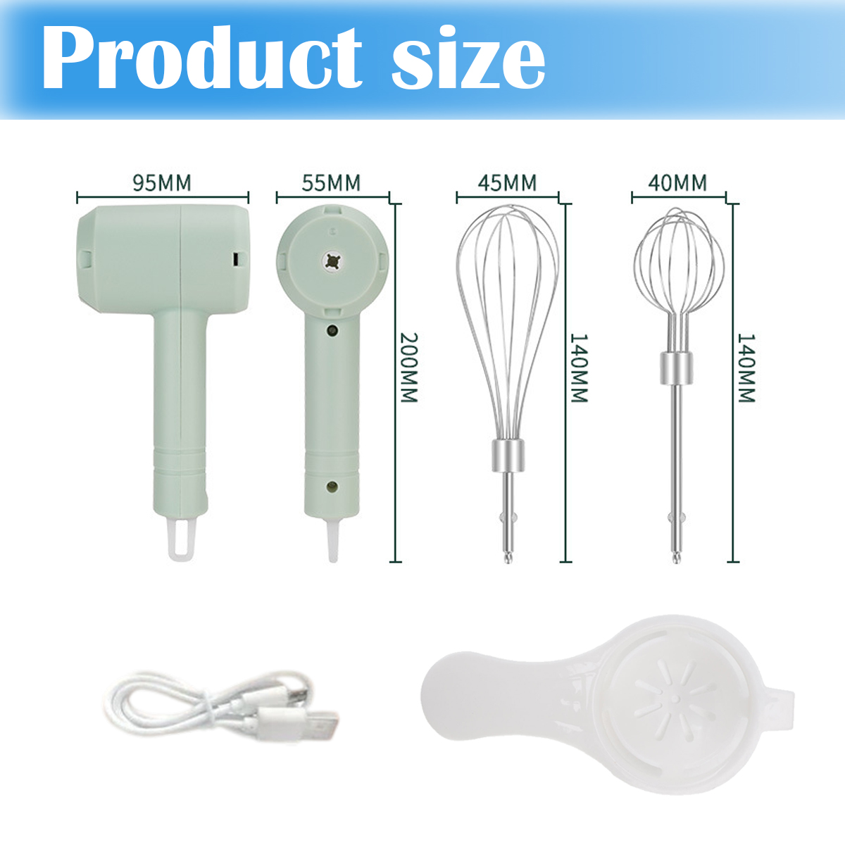 Abmessungen eines Handmixers, zweier Schneebesen und Zubehör.
