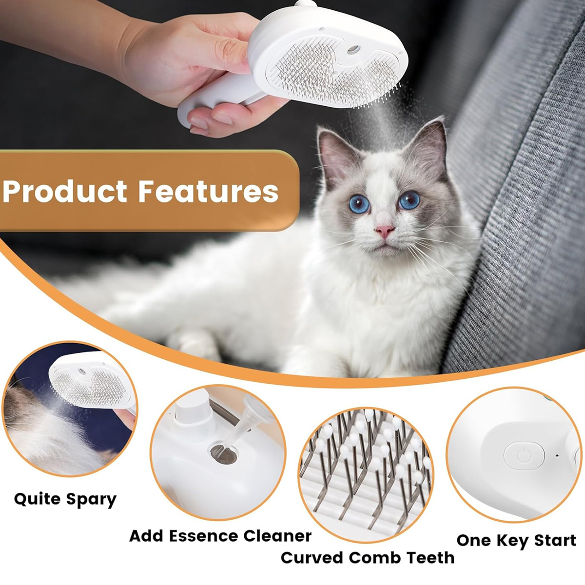 Eine Hand hält eine weiße Bürste über einer Katze mit blauen Augen. Produktmerkmale sind abgebildet.