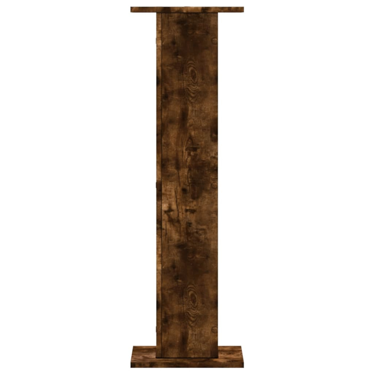 Ein braunes Holzregal mit einer schmalen Säule und einer Basis.