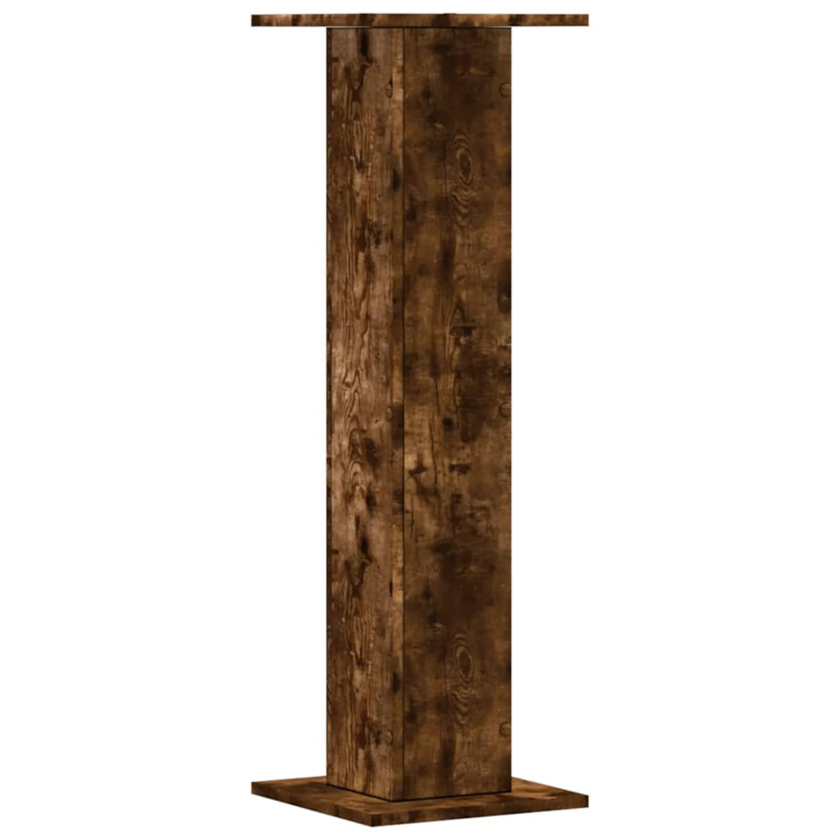 Ein brauner Holzbalken mit sichtbarer Maserung, auf einer quadratischen Basis stehend.