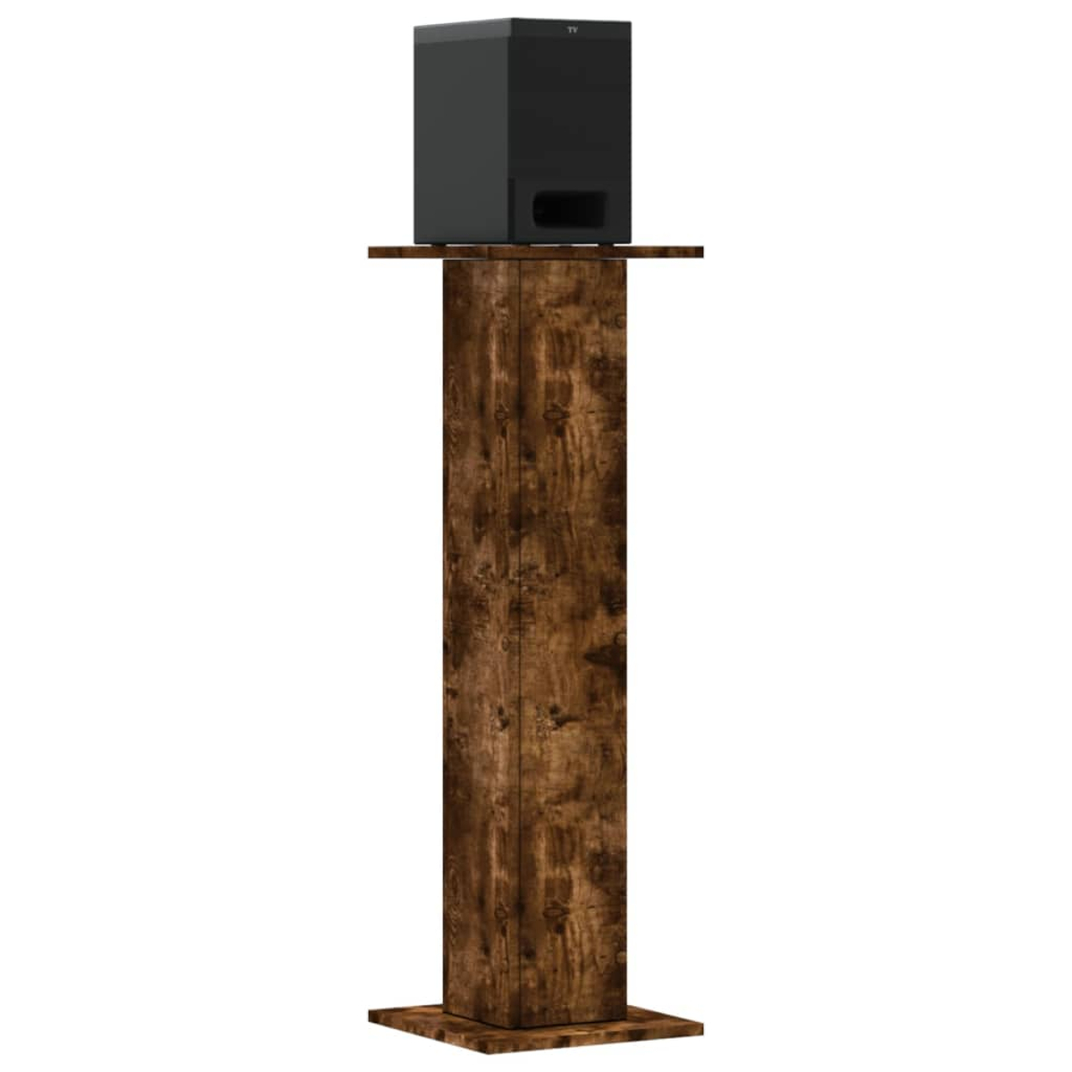 Schwarzer Subwoofer auf einem Holzsäulenständer.