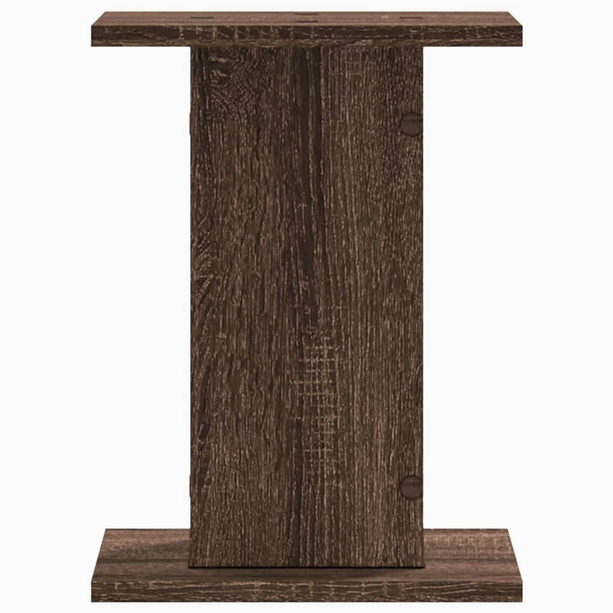 Ein dunkler Holzständer mit Holzmaserung, auf weißem Hintergrund.