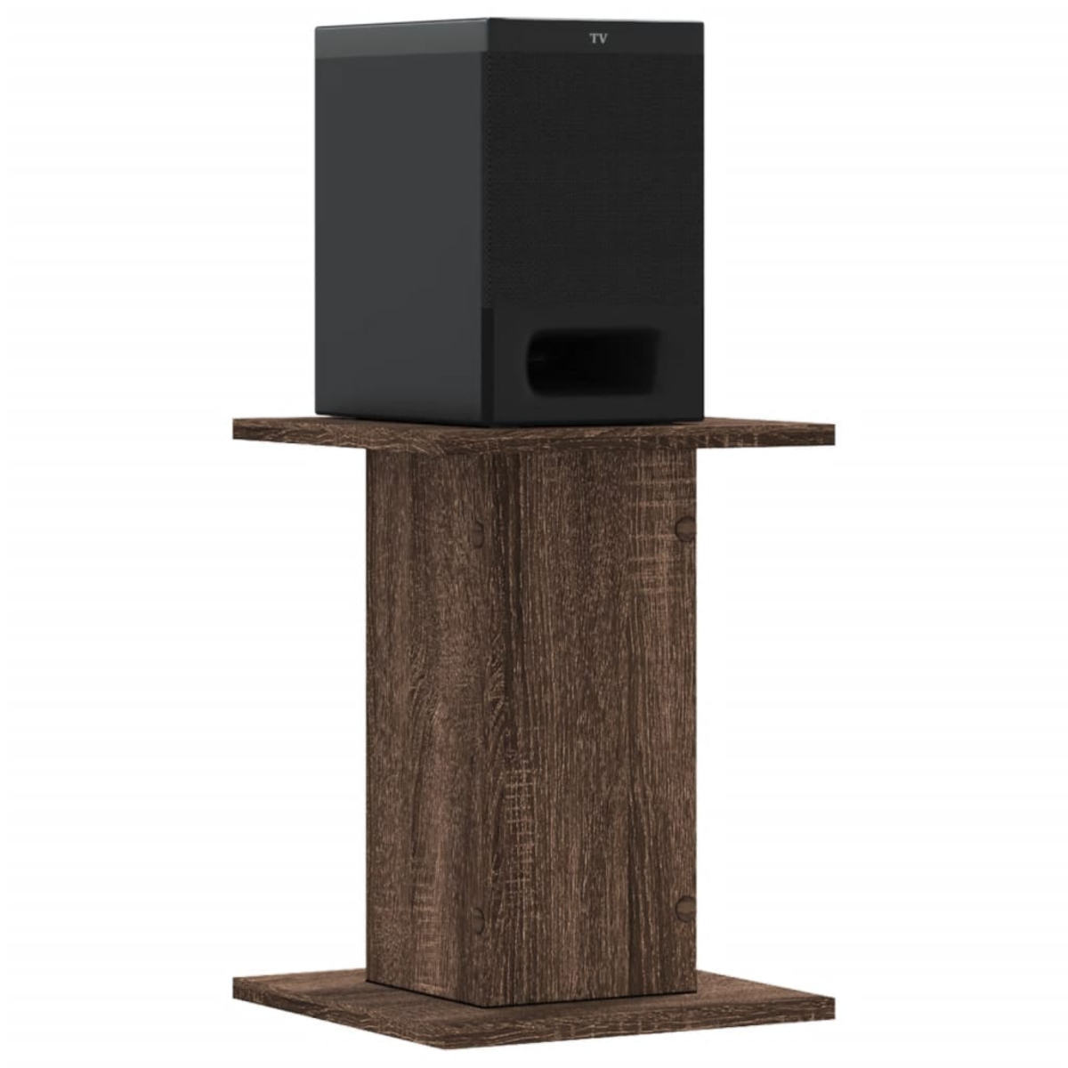 Schwarzer Subwoofer auf einem Holzsockel.