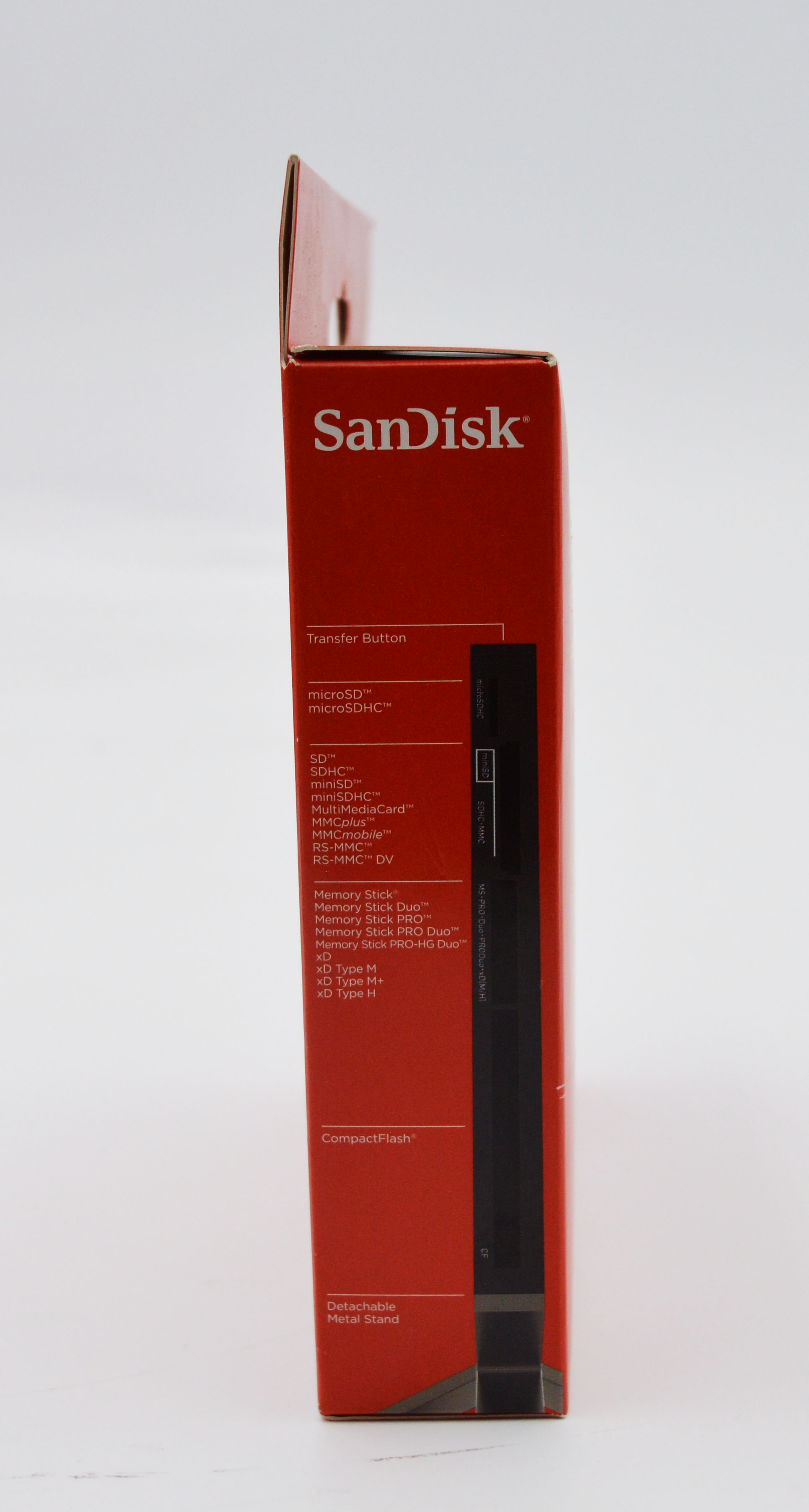 Rote SanDisk-Verpackung mit Text zu Speicherkarten, SD, microSD, Memory Stick, XD, CompactFlash.