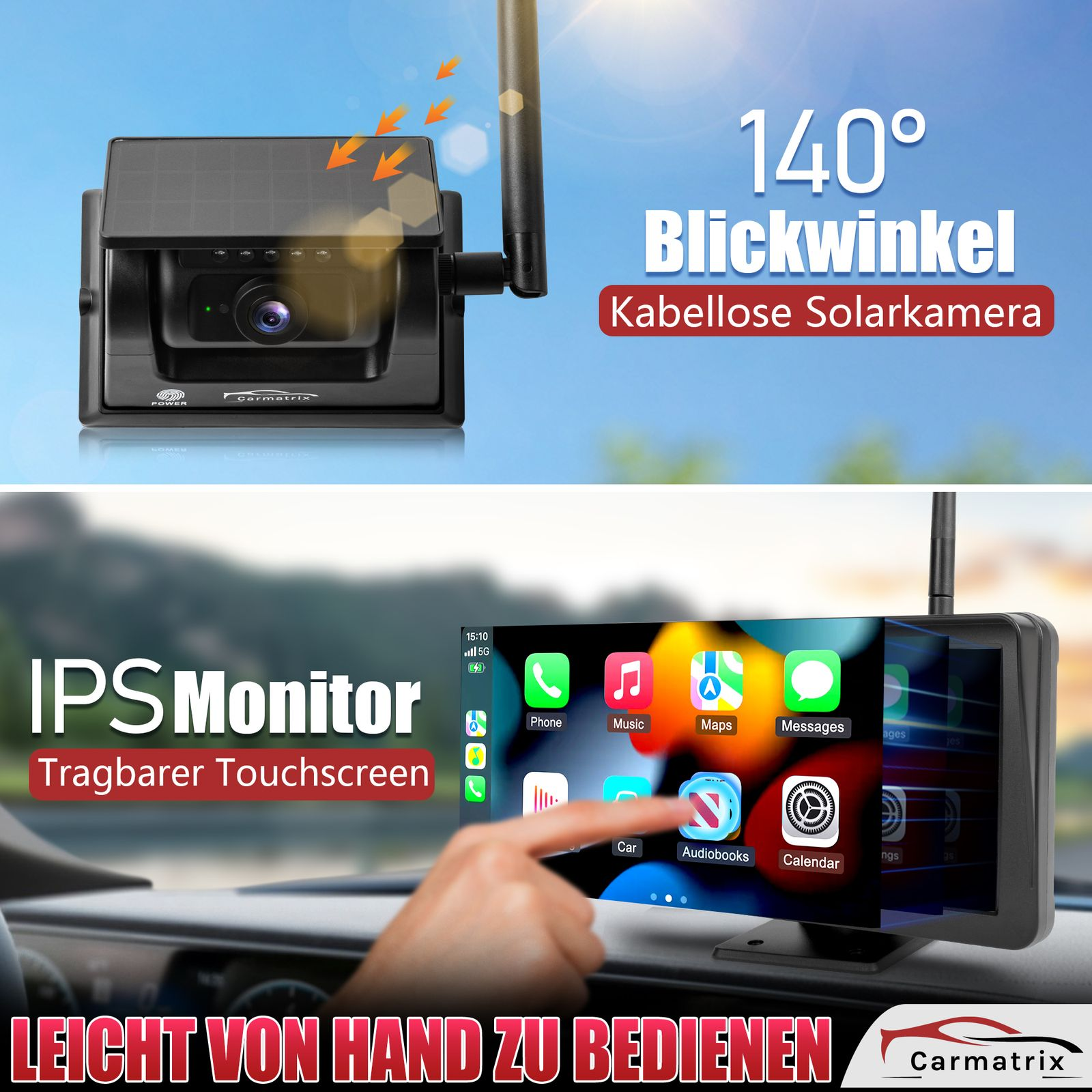 Solarkamera mit 140° Blickwinkel und IPS-Monitor mit Touchscreen.