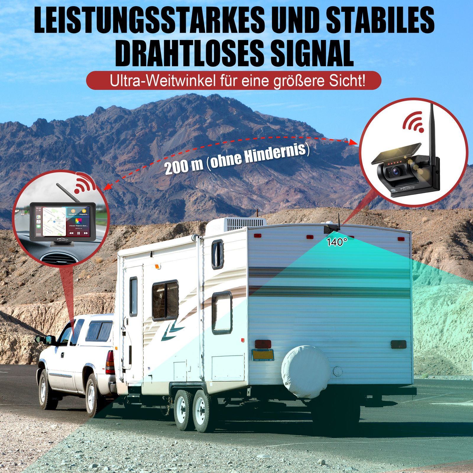 Ein Wohnmobil wird von einem weißen Pick-up gezogen. Eine Rückfahrkamera wird gezeigt.