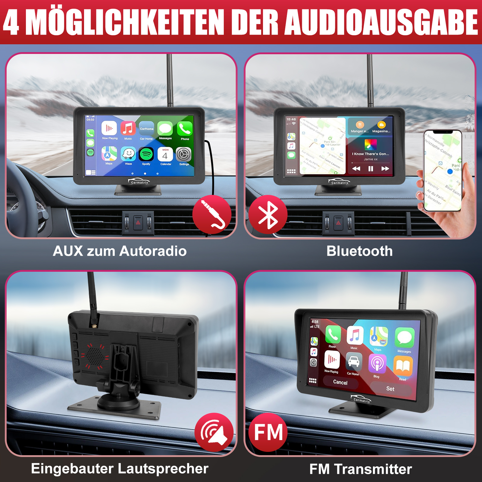 Vier Möglichkeiten der Audioausgabe: AUX, Bluetooth, Lautsprecher, FM.