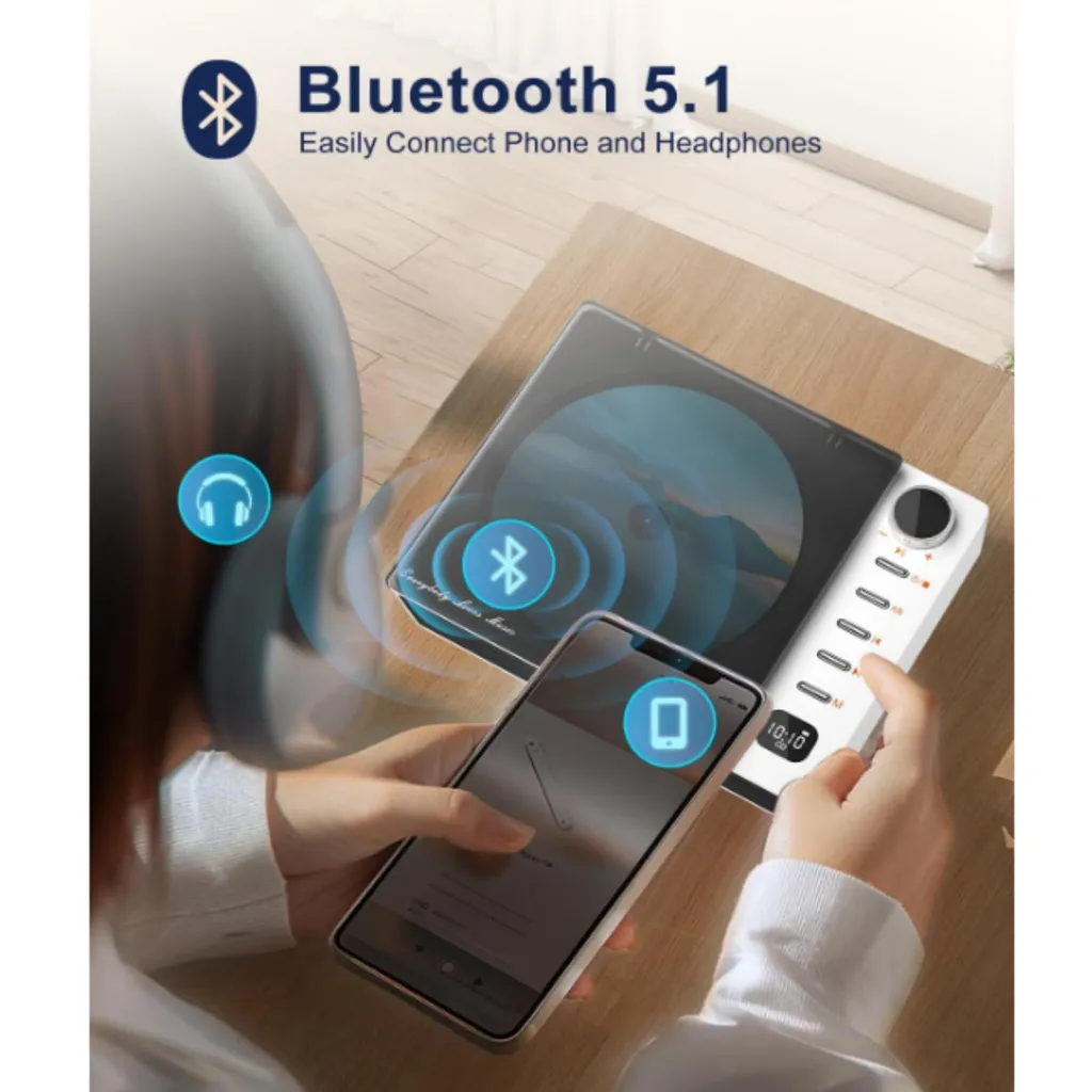 Person verbindet Telefon mit Bluetooth-Lautsprecher mit Kopfhörer-Symbol.