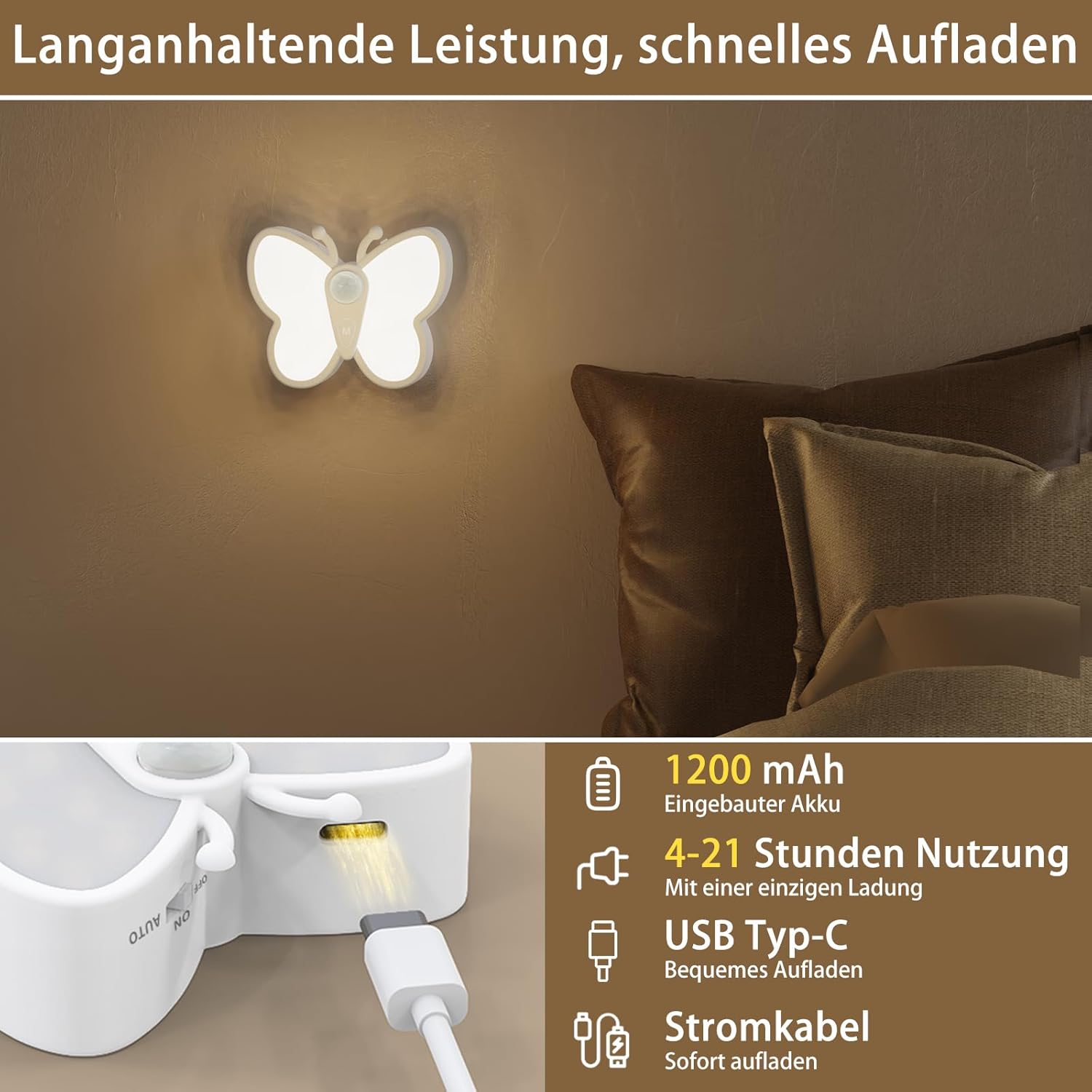 Schmetterlingsnachtlicht mit USB-C-Ladeanschluss und technischen Details.