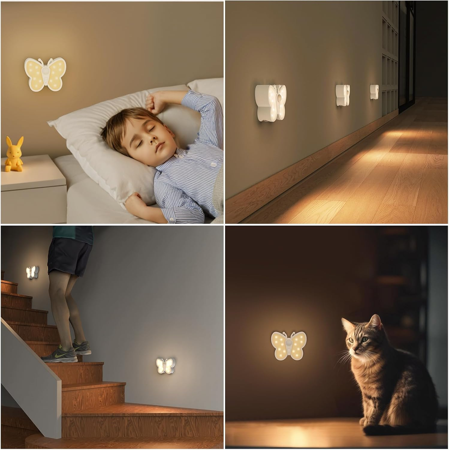 Ein Kind schläft, ein Junge auf einem Bett, ein Schmetterlingslicht.