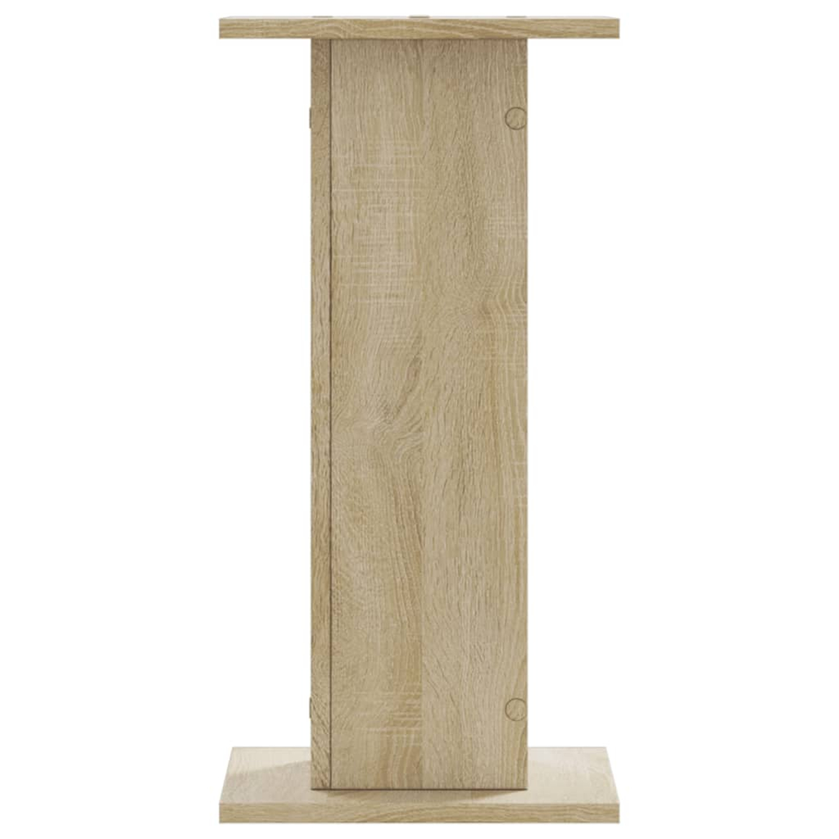 Ein schlichtes, rechteckiges Regal aus hellem Holzimitat mit einer quadratischen Basis und Oberseite.