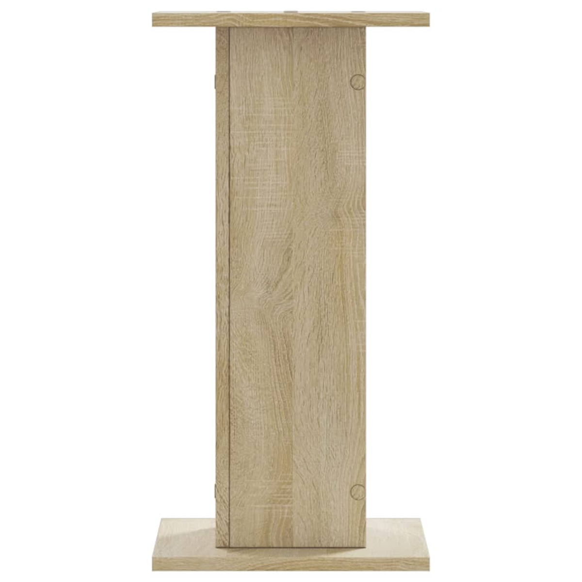 Ein hölzerner Sockel mit Holzmaserung, schmal und hoch, auf einem rechteckigen Sockel.