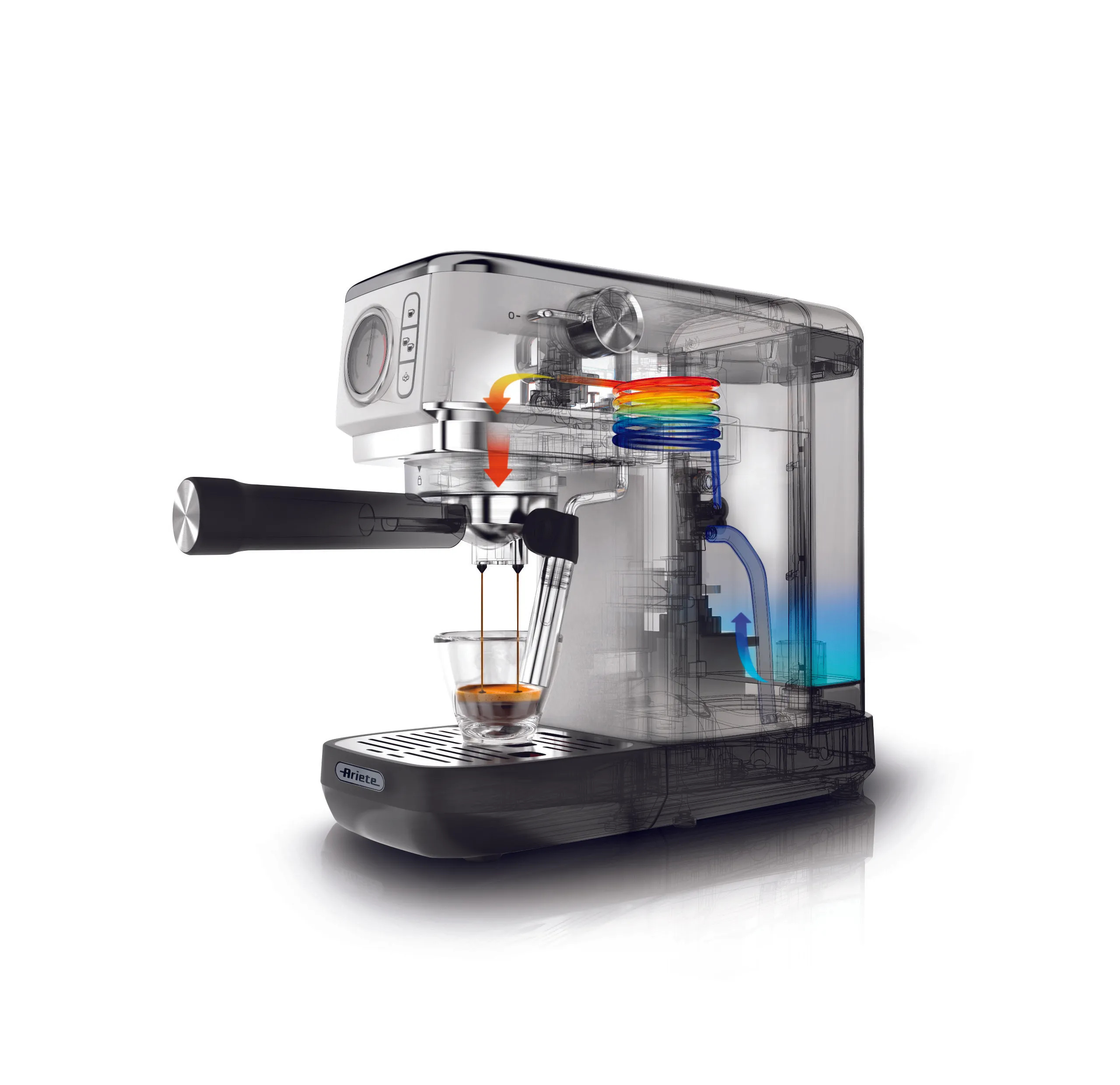 Kaffeemaschine mit transparentem Gehäuse, die Kaffee in eine Tasse brüht.