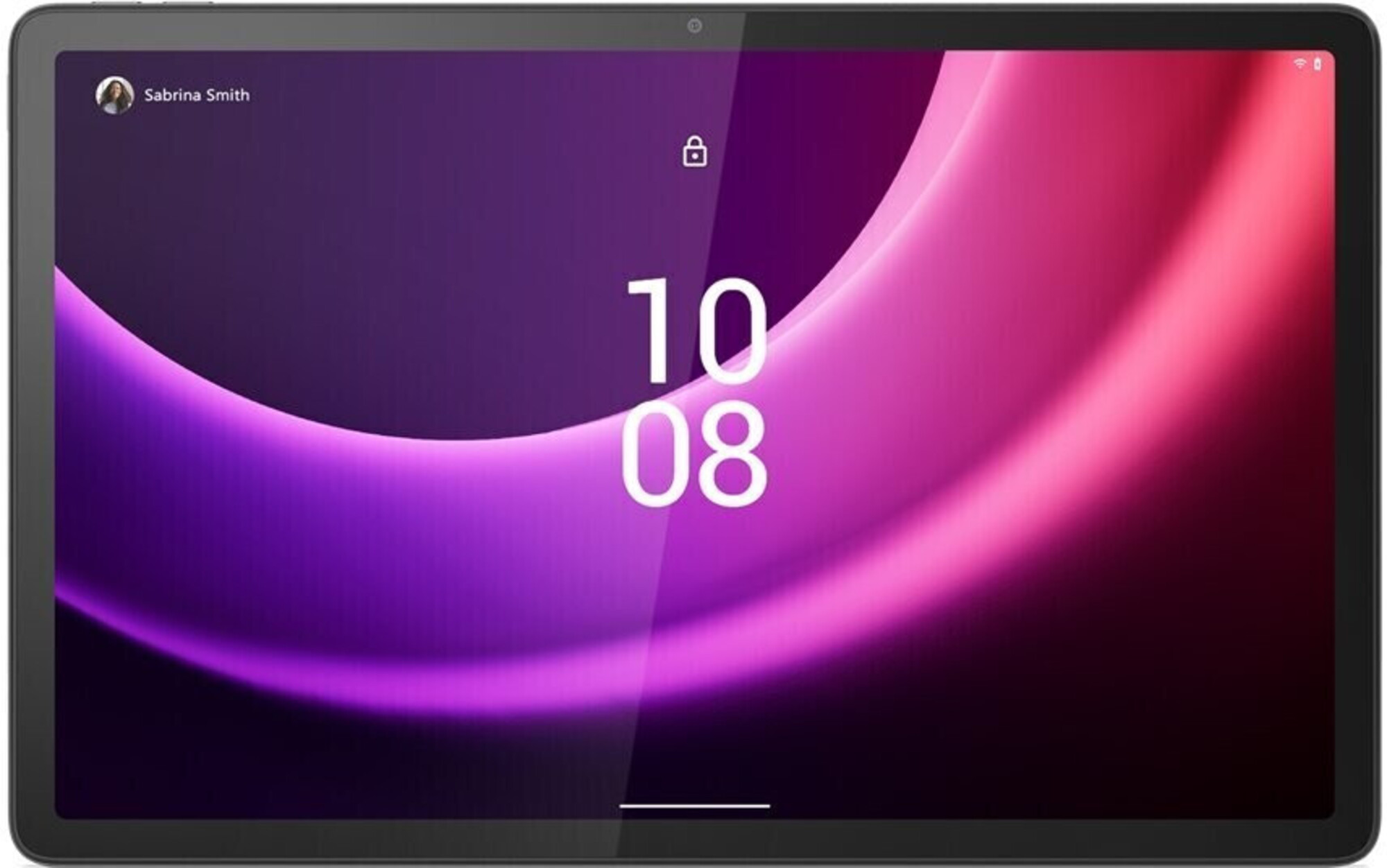 Un tablet con sfondo sfumato viola e rosa mostra le 10:08.