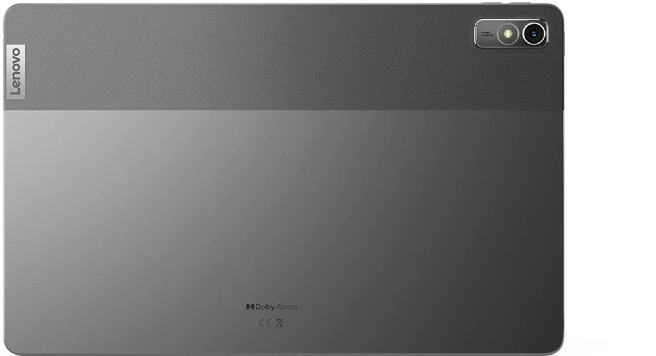 Retro di un tablet Lenovo grigio con doppia fotocamera e logo Dolby Atmos.