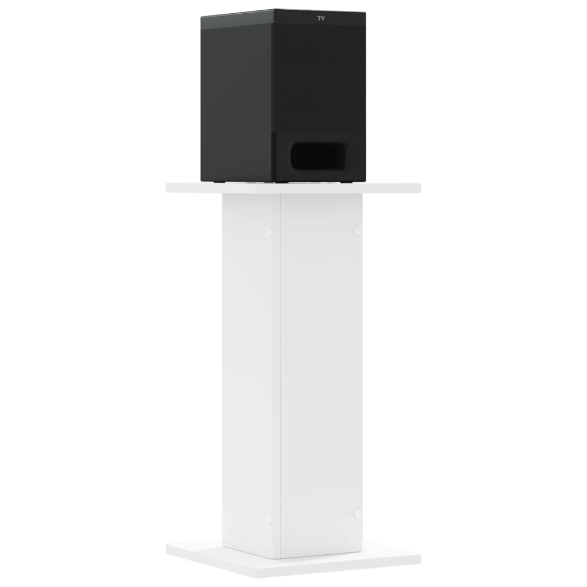Schwarzer Subwoofer auf einem weißen Ständer.