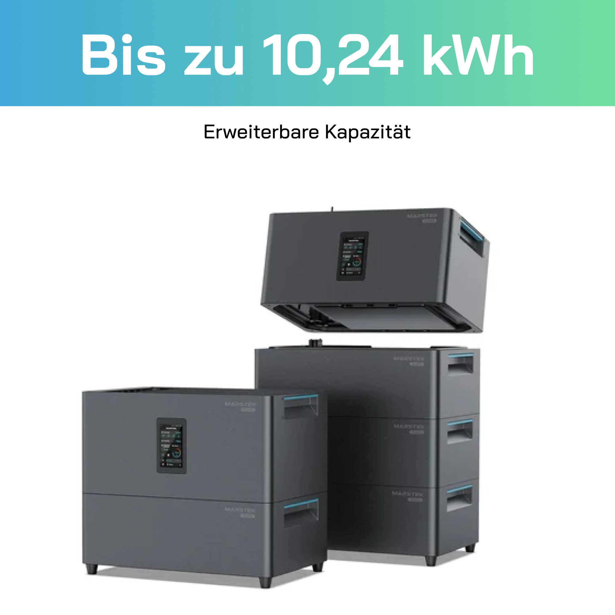 Graue Energiespeicher-Module stapeln sich. Bis zu 10,24 kWh.