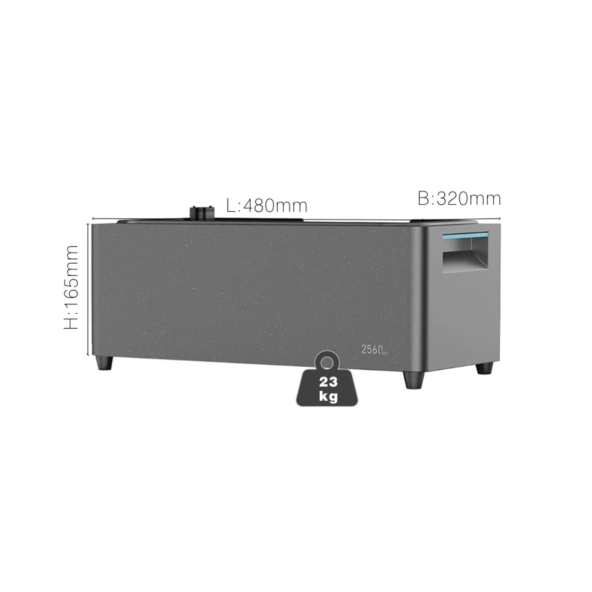 Graues rechteckiges Gerät mit Maßen L:480mm, B:320mm, H:165mm. Gewicht 23 kg.
