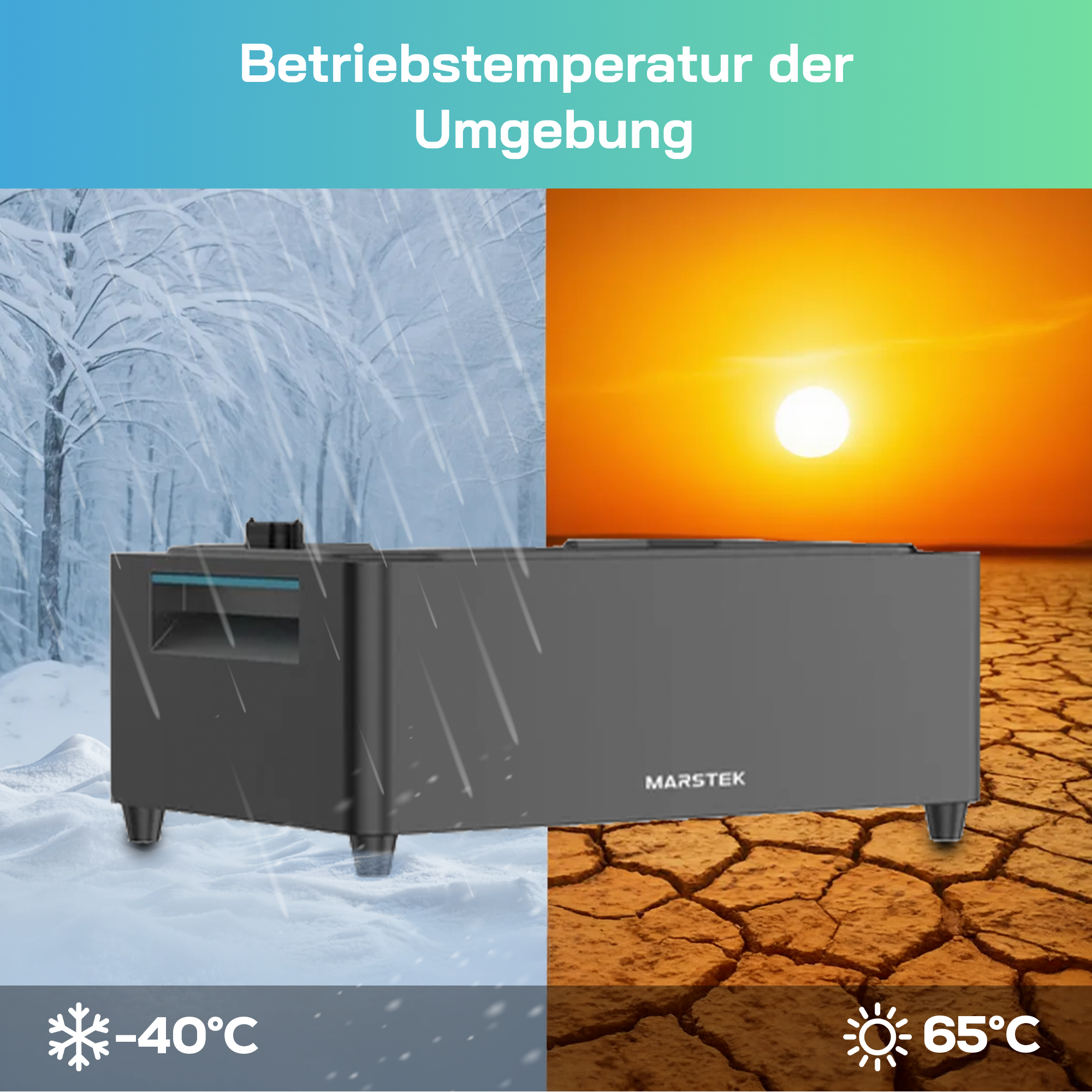 Ein graues Gerät steht im Schnee und in trockener Erde unter gleißender Sonne.