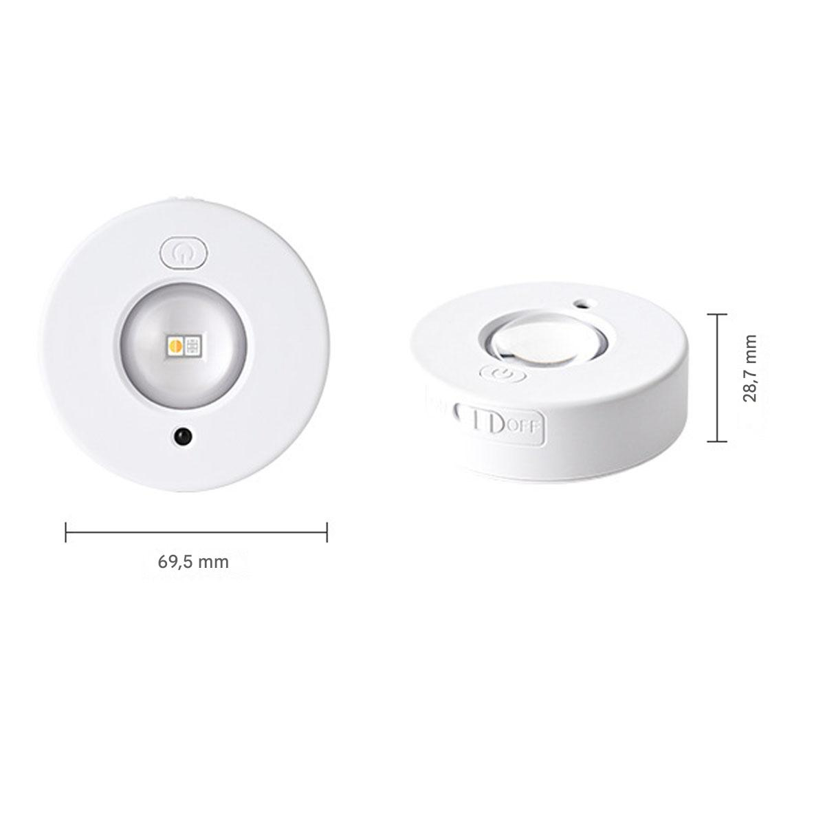 Zwei weiße LED-Leuchten mit Maßen und einem Ein-/Ausschalter.