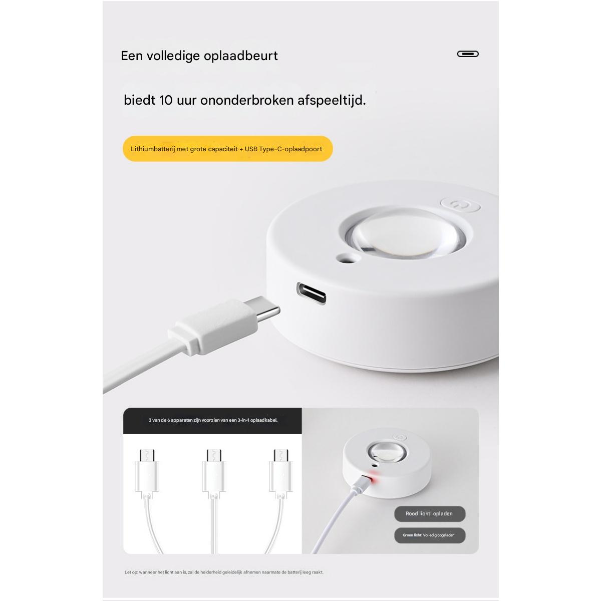 Weiße Ladestation mit USB-C-Kabel, zeigt Ladezustand mit roten und grünen Lichtern.