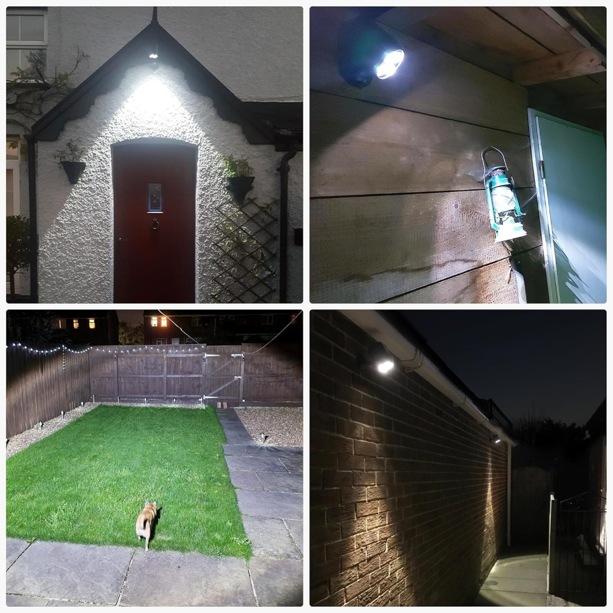 Vier Szenen von Außenleuchten bei Nacht: Eingang, Schuppen, Garten und Mauer.