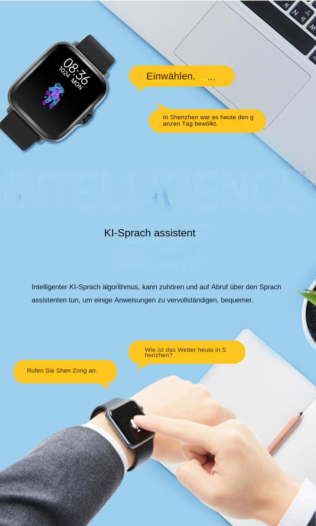Eine Smartwatch zeigt Uhrzeit und ein Astronauten-Icon. Textblasen enthalten deutsche Sätze.