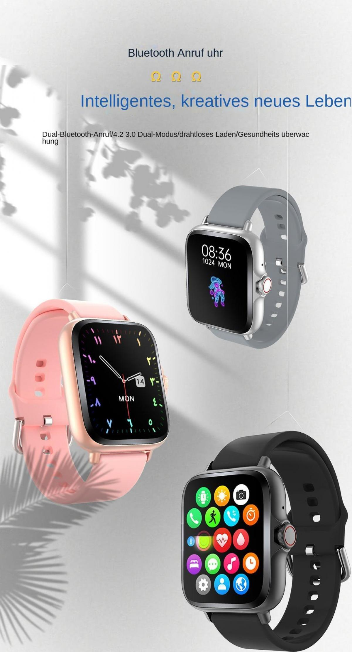 Drei Smartwatches: rosa, grau und schwarz, mit verschiedenen Zifferblättern.