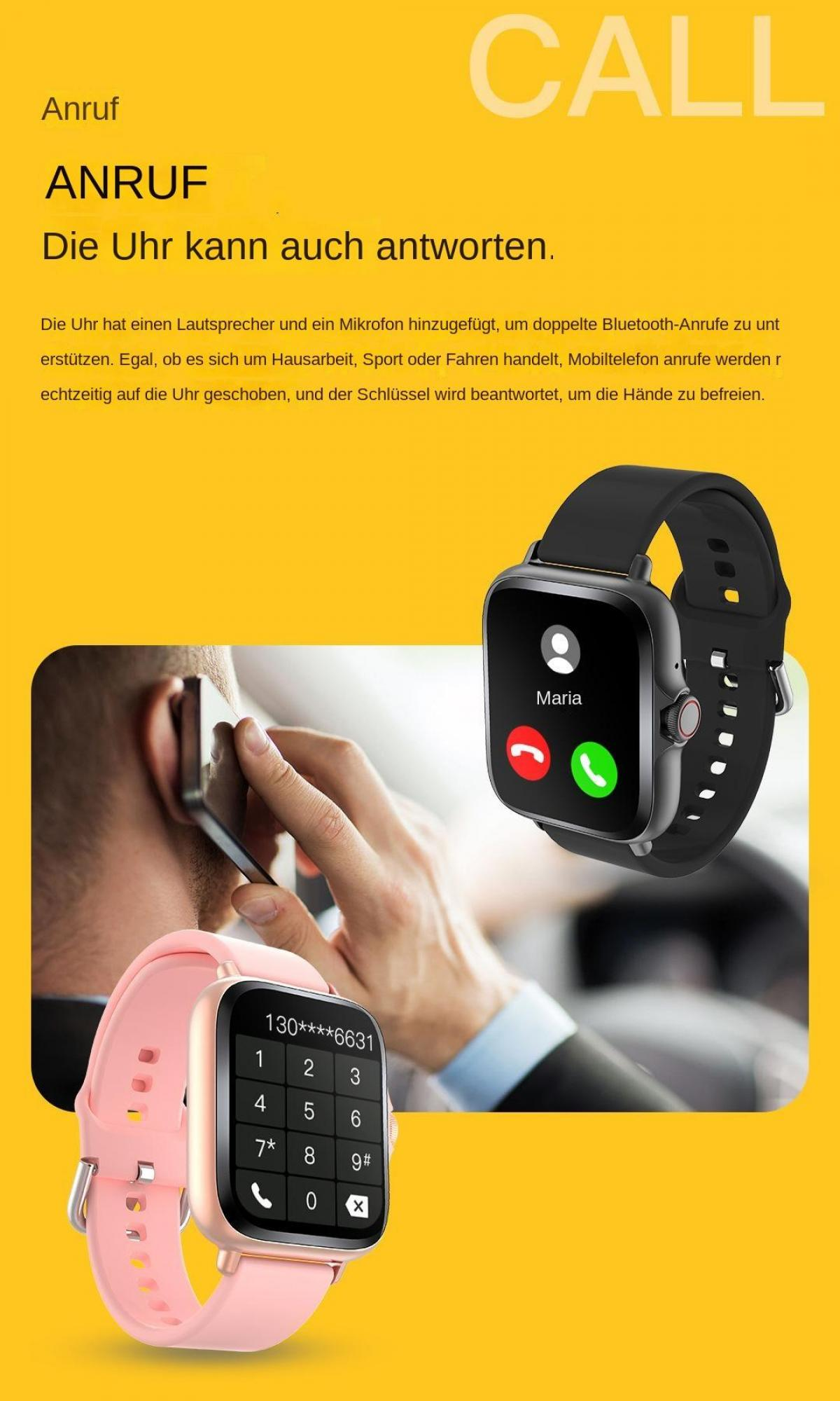 Ein Mann telefoniert, während er eine Smartwatch am Handgelenk trägt. Eine andere Smartwatch zeigt einen Anruf von Maria an.