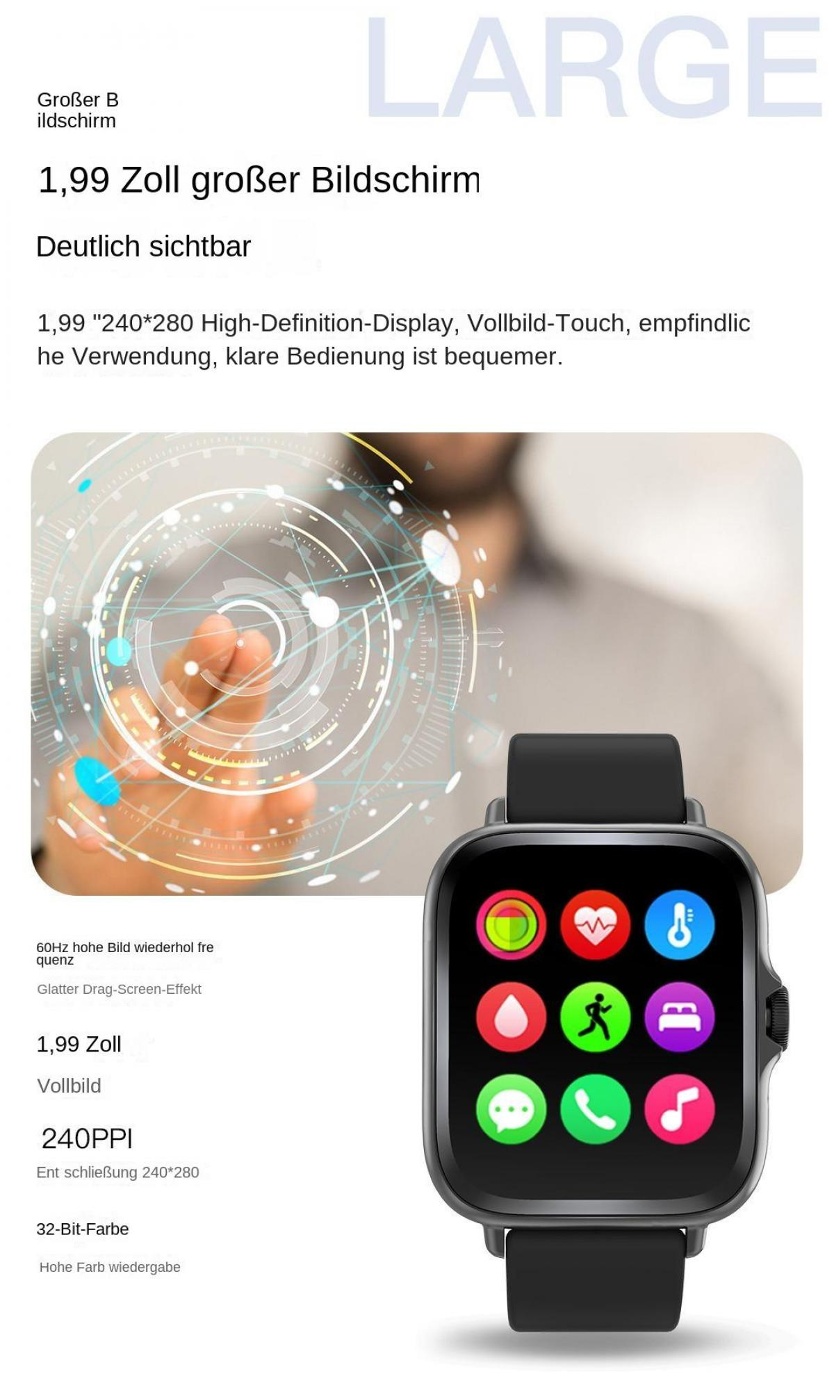 Ein schwarzes Smartwatch mit vielen Icons auf dem Bildschirm.