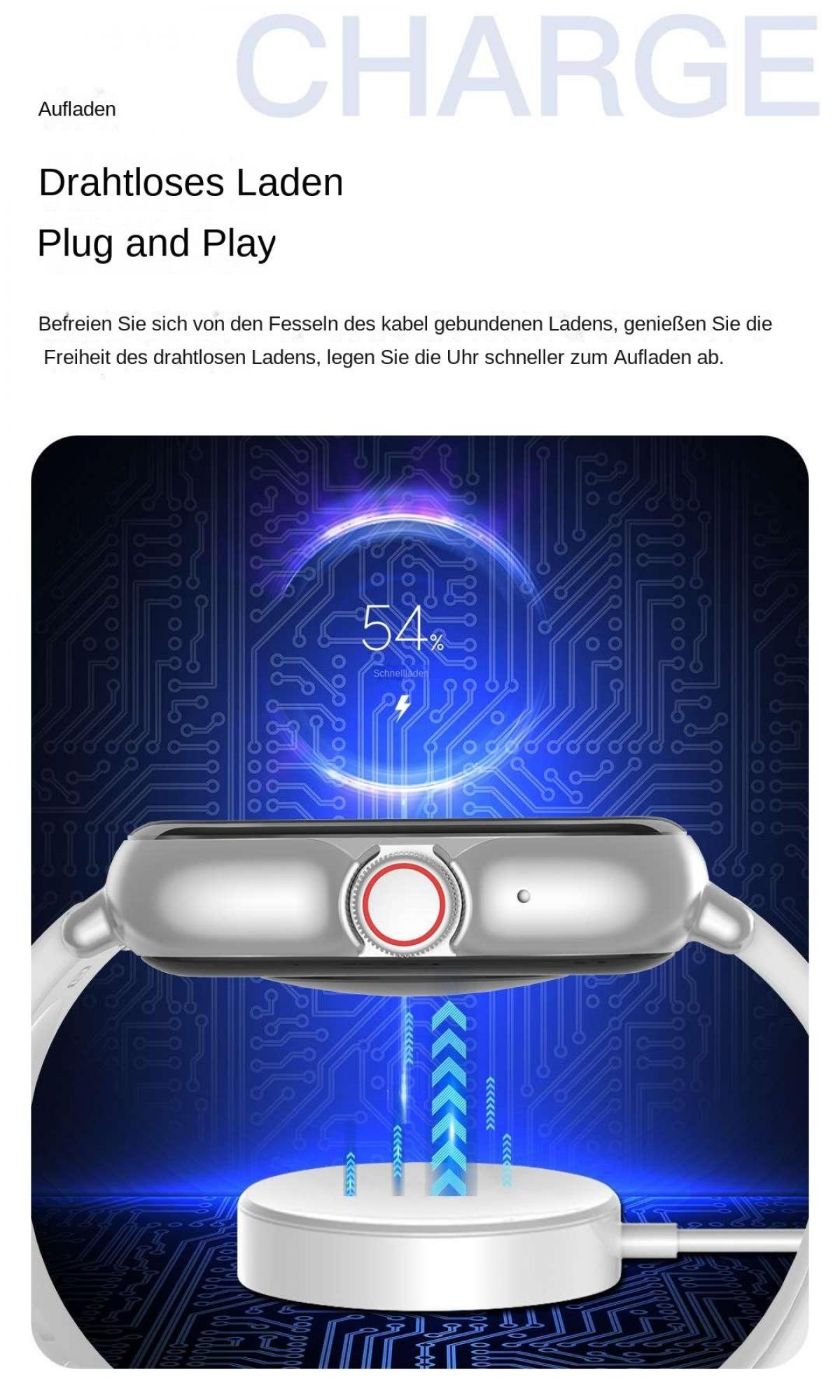 Eine weiße Smartwatch lädt auf einer runden Ladestation, 54% Akku.