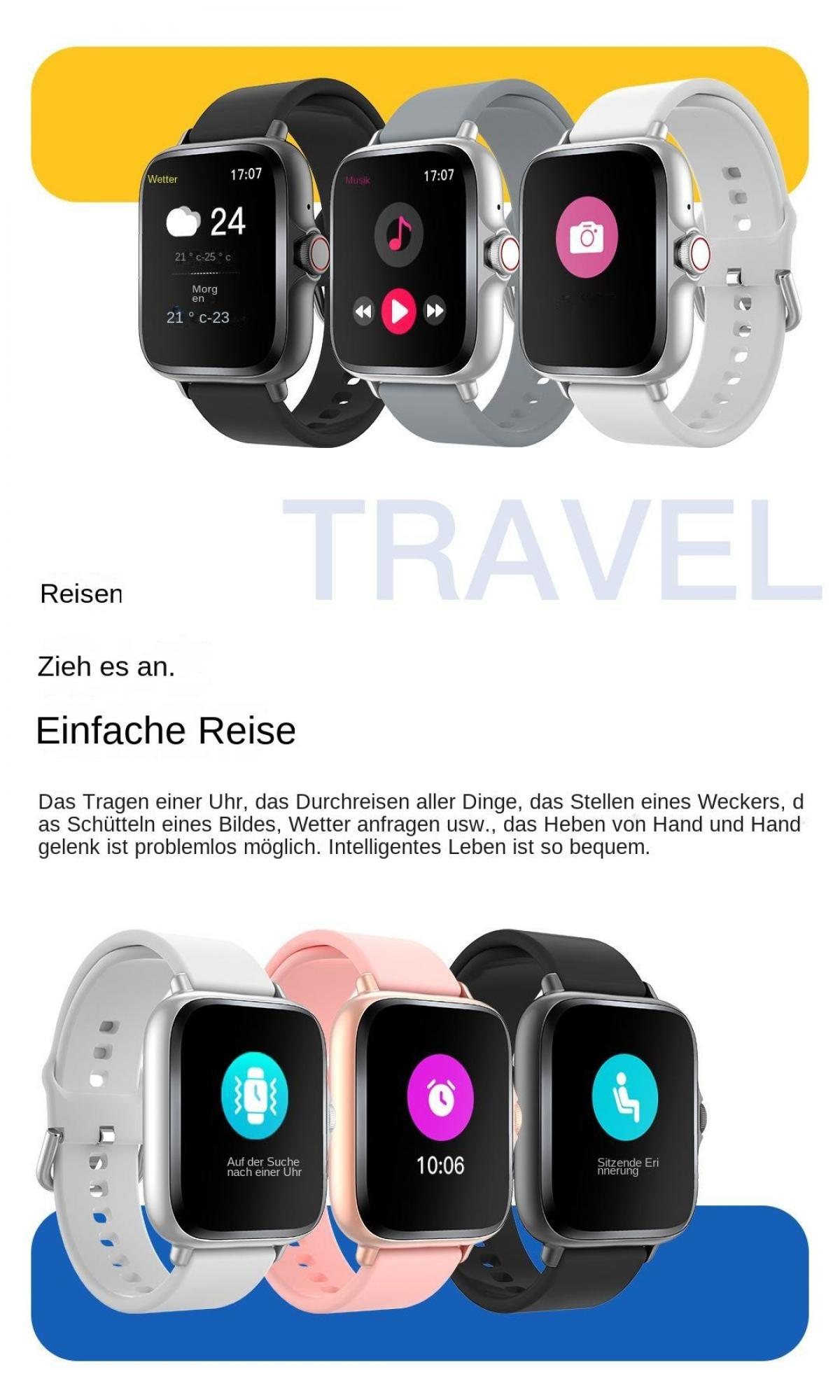 Drei Smartwatches in Schwarz, Grau und Weiß mit verschiedenen Apps auf dem Display.