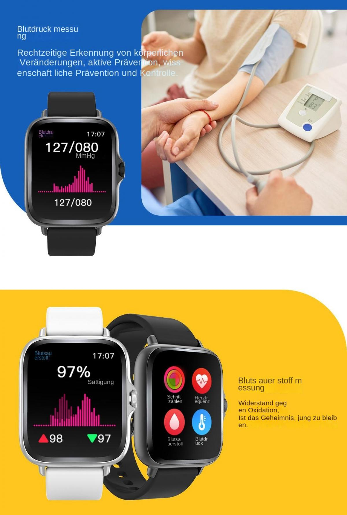 Eine Person misst den Blutdruck mit einem Gerät; daneben Smartwatches mit Gesundheitsdaten.