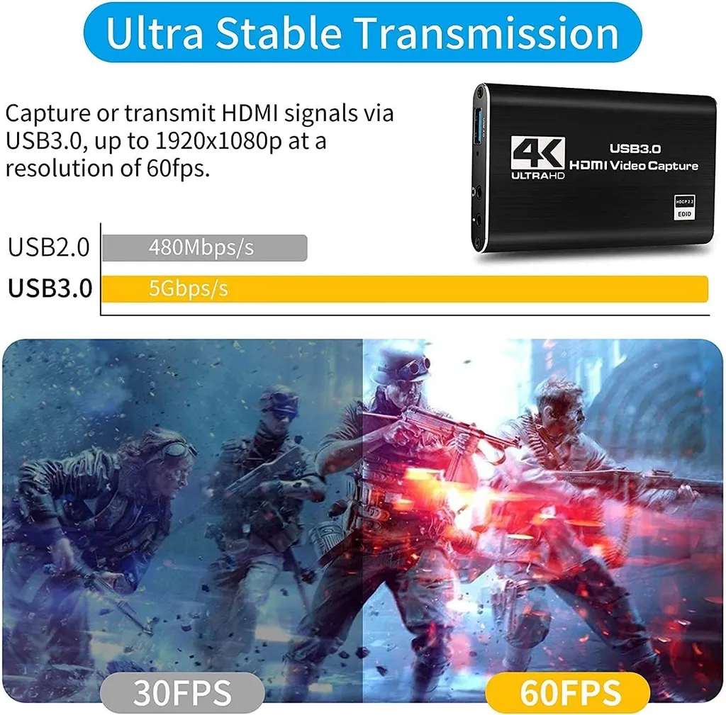 Ein HDMI-Videoerfassungskabel mit 4K Ultra HD, USB 3.0, 30/60 FPS.