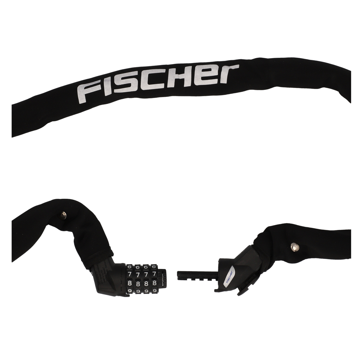 Schwarzes Fahrradschloss mit Zahlenschloss und Schlüssel, FISCHER-Logo.