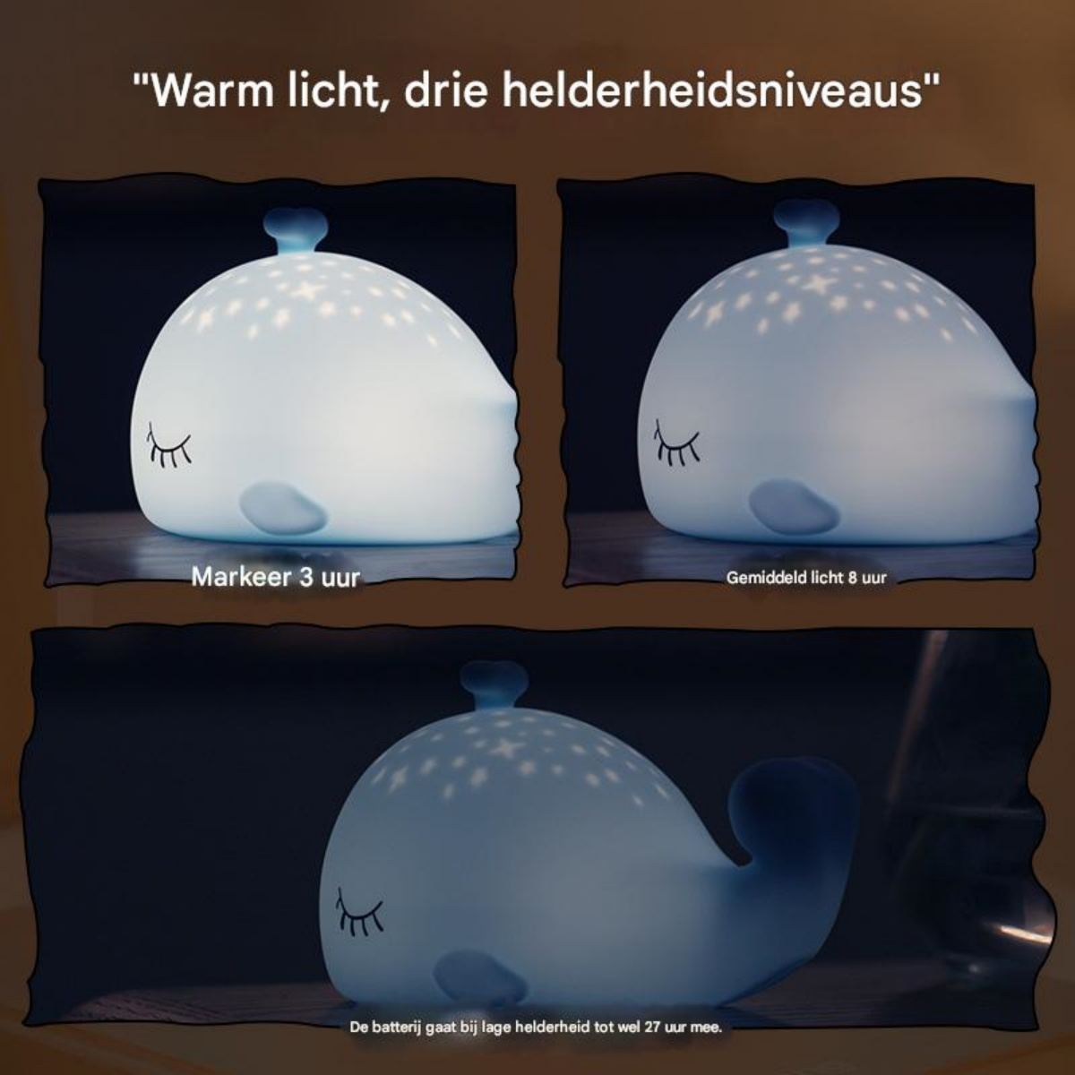 Drei Wal-Nachtlichter zeigen verschiedene Helligkeitsstufen und Leuchtdauer.