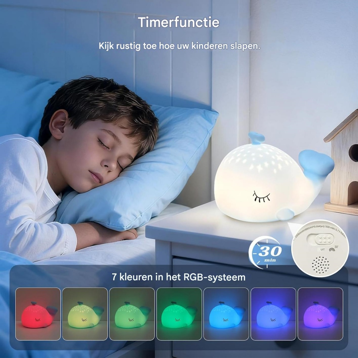 Ein Junge schläft, während ein Wal-Nachtlicht in verschiedenen Farben leuchtet.