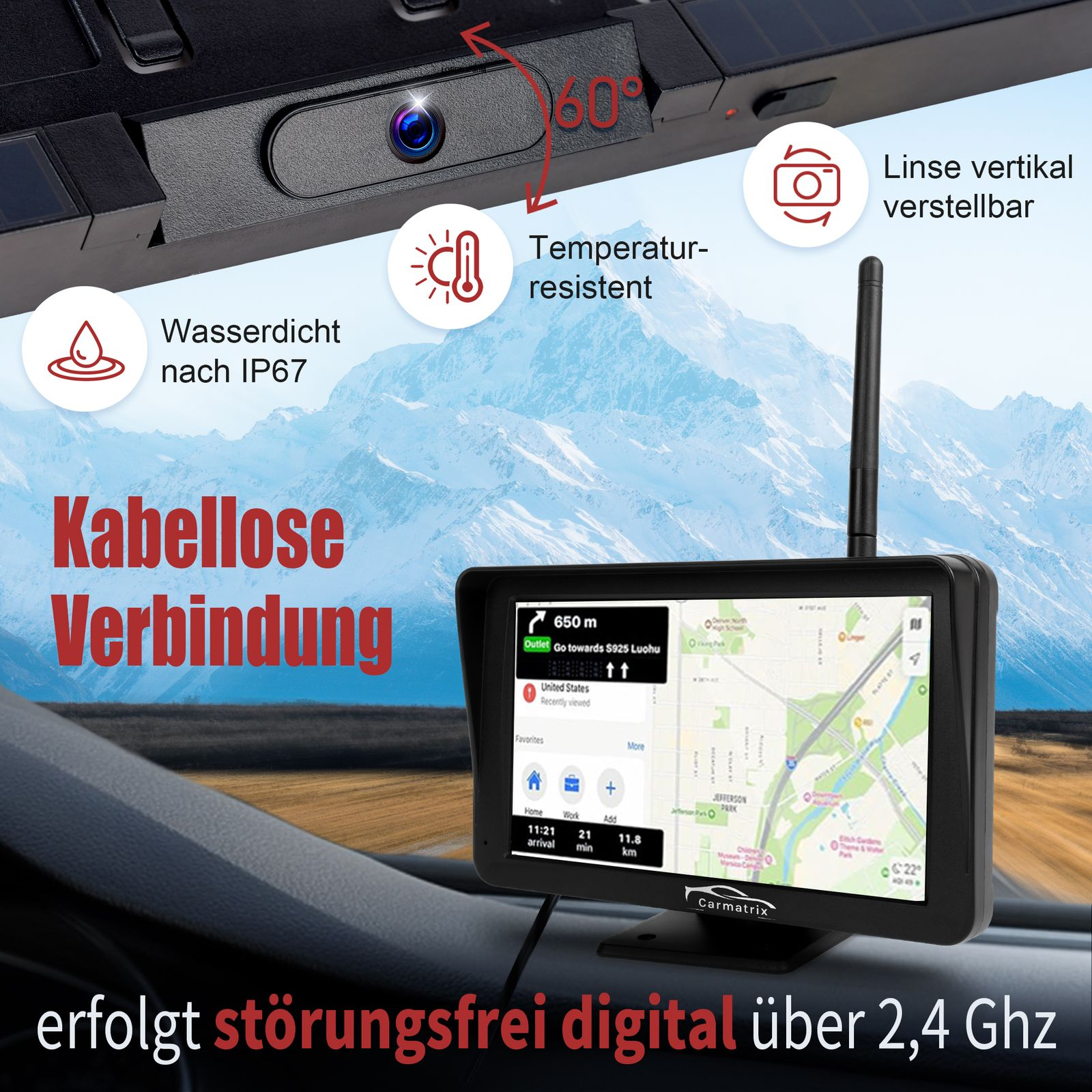 Ein Navigationsgerät zeigt eine Karte, mit Icons für wasserdicht, Temperaturbeständigkeit und verstellbare Linse.