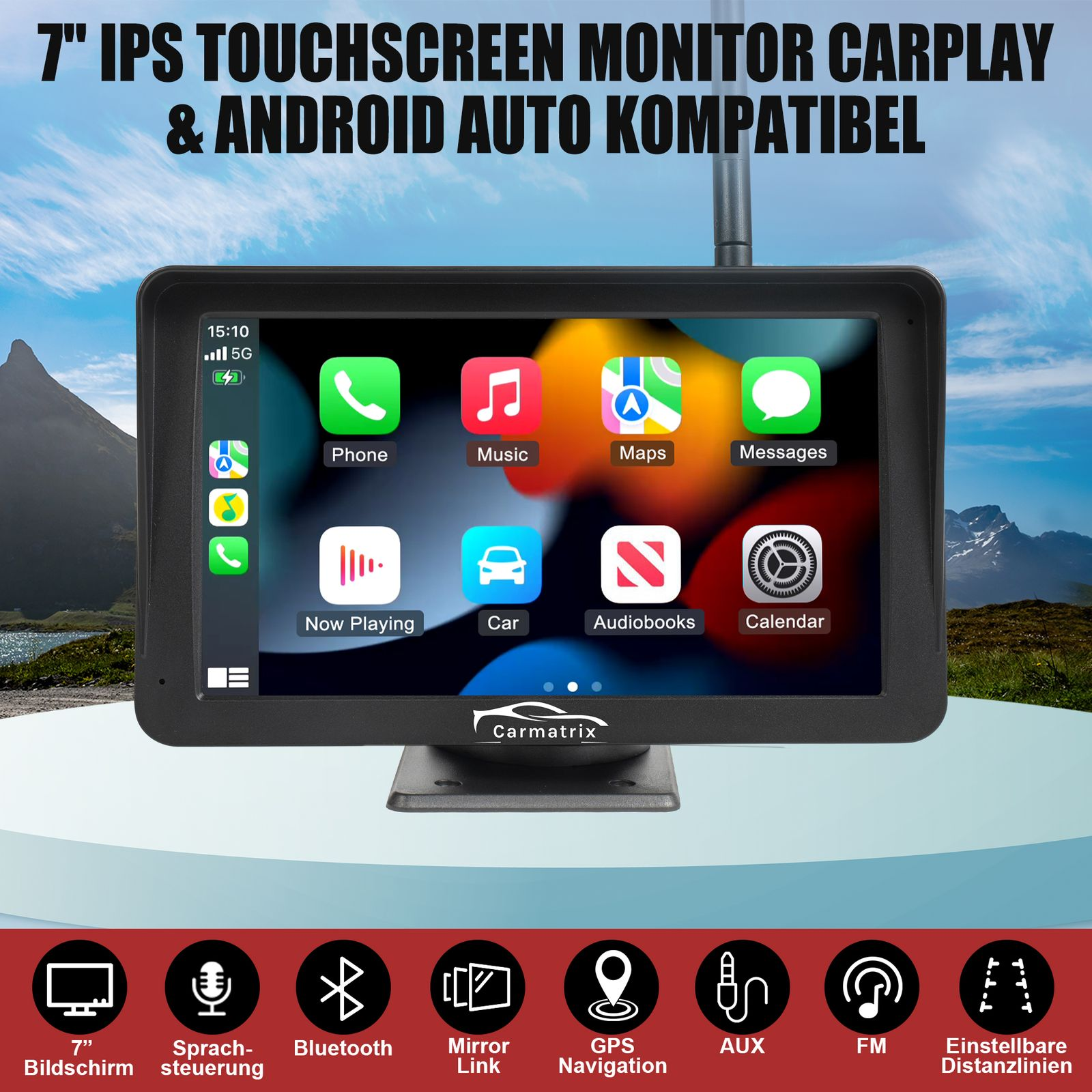 7-Zoll-IPS-Touchscreen-Monitor mit Carplay und Android Auto. Icons für Telefon, Musik, Karten, Nachrichten, Wiedergabe, Auto.